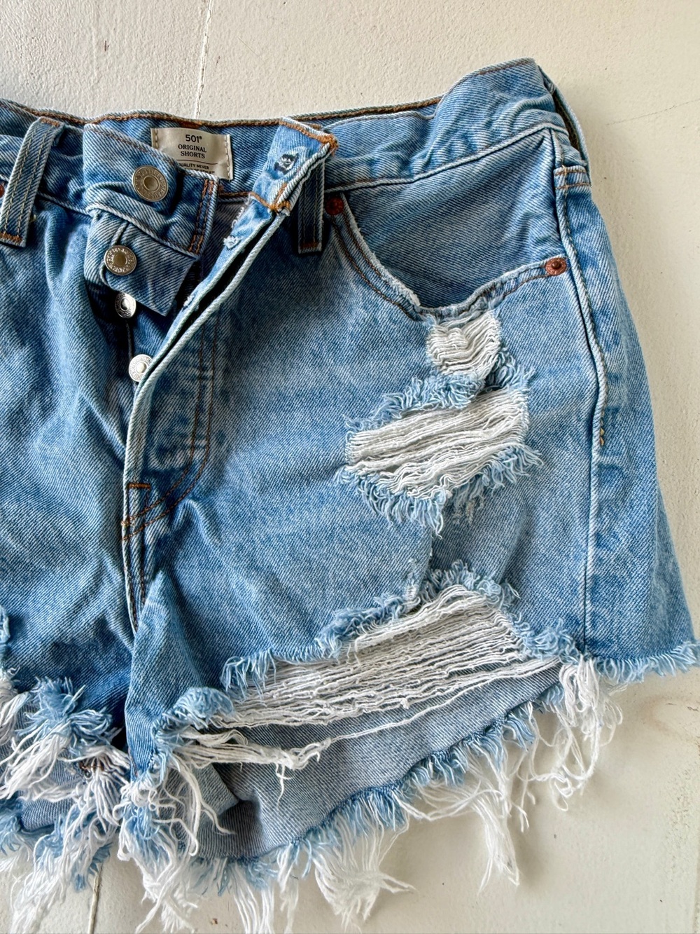 Levi’s 501 Original Distressed High-Waist Button Up Denim Shorts Light Blue